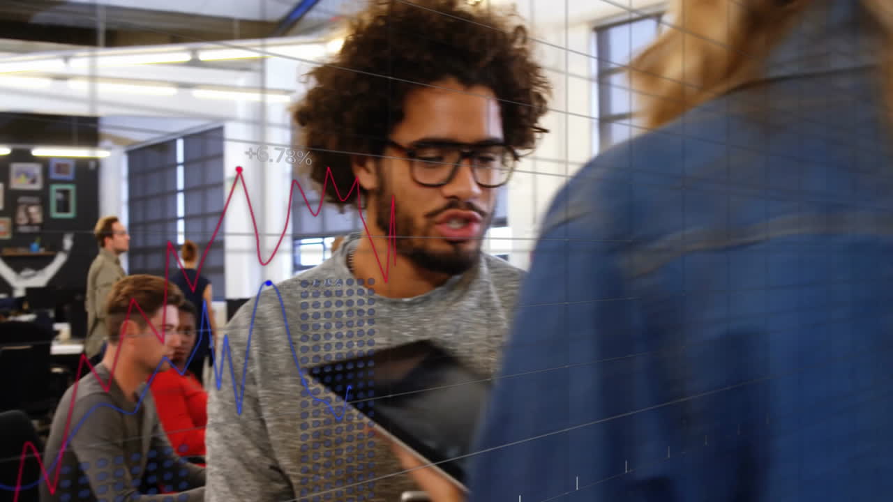 Animation of data processing and diagrams over diverse business people discussing work