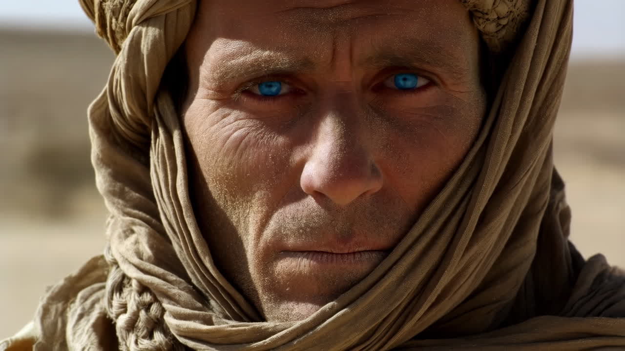 Ritratto ravvicinato di un uomo con occhi azzurri intensi e copricapo da deserto