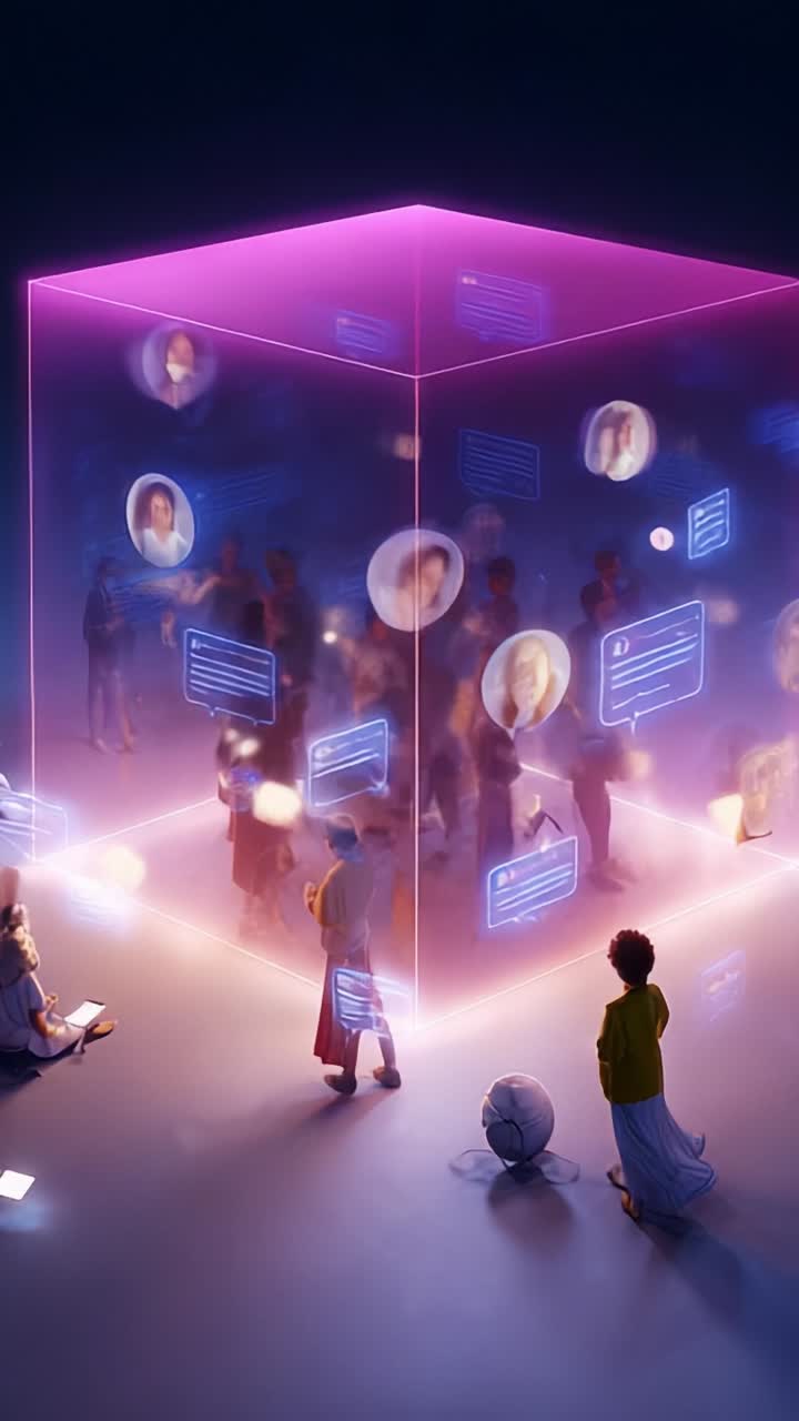 A vibrant digital interaction hub where diverse individuals engage in conversation, surrounded by glowing screens displaying messages and profiles in a futuristic setting