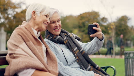 Senior,-Mujeres-Y-Selfie-En-Un-Parque-Feliz