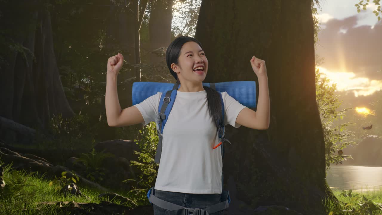 산악 배을 들고 있는 아시아 여성 하이커가 숲의 자연을 탐험하는 동안 성공을 축하하는 목표를 외치고 있습니다.