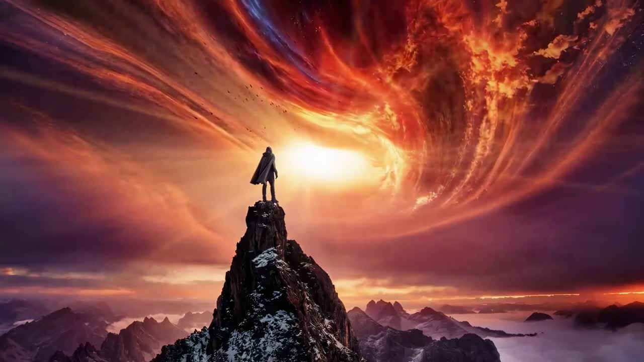 Escena de fantasía épica con un héroe en una cima, capturada desde un ángulo bajo.