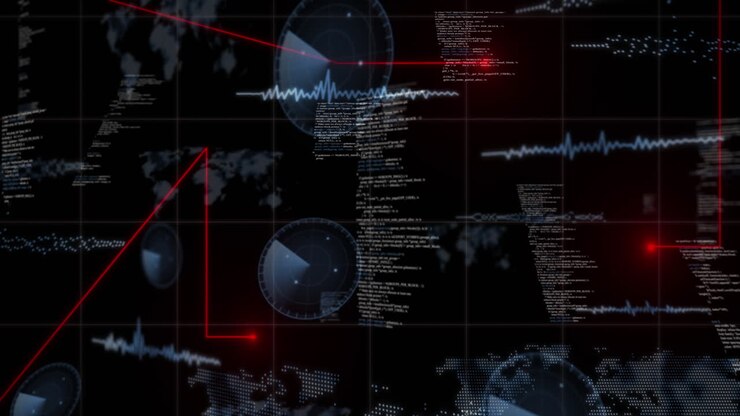 Animation of soundwaves, radars, map and computer language over lines against black background