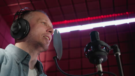 un hombre con una camisa de manga larga azul, camiseta blanca y auriculares negros canta en un micrófono, luego se detiene en un fondo de panel acústico rojo bajo una iluminación suave y difusa en un estudio de grabación