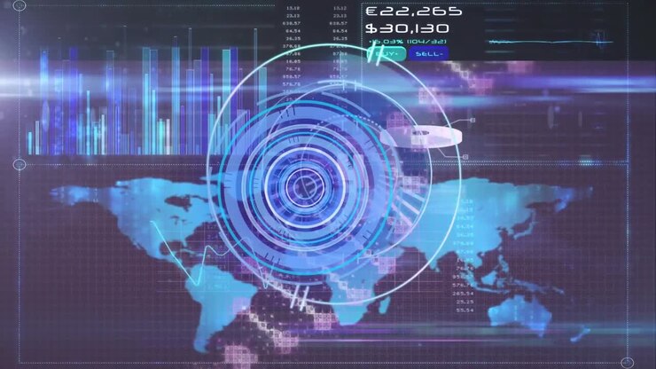 Animation of scope scanning, numbers and data processing on blue background