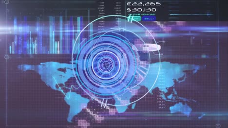 Animation-of-scope-scanning,-numbers-and-data-processing-on-blue-background