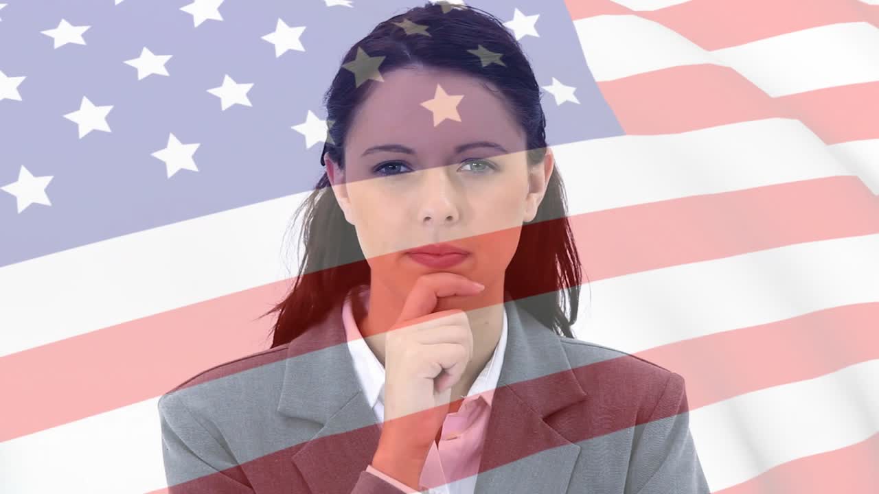 Woman holding chin considering policy, US flag overlay sweeping across face, causing subtle gaze