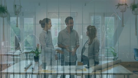 animation of financial data processing over diverse business people in office