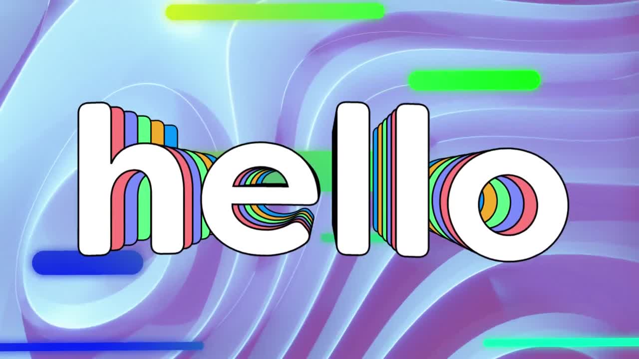 Digital animation of hello text over moving green shapes against liquid texture background