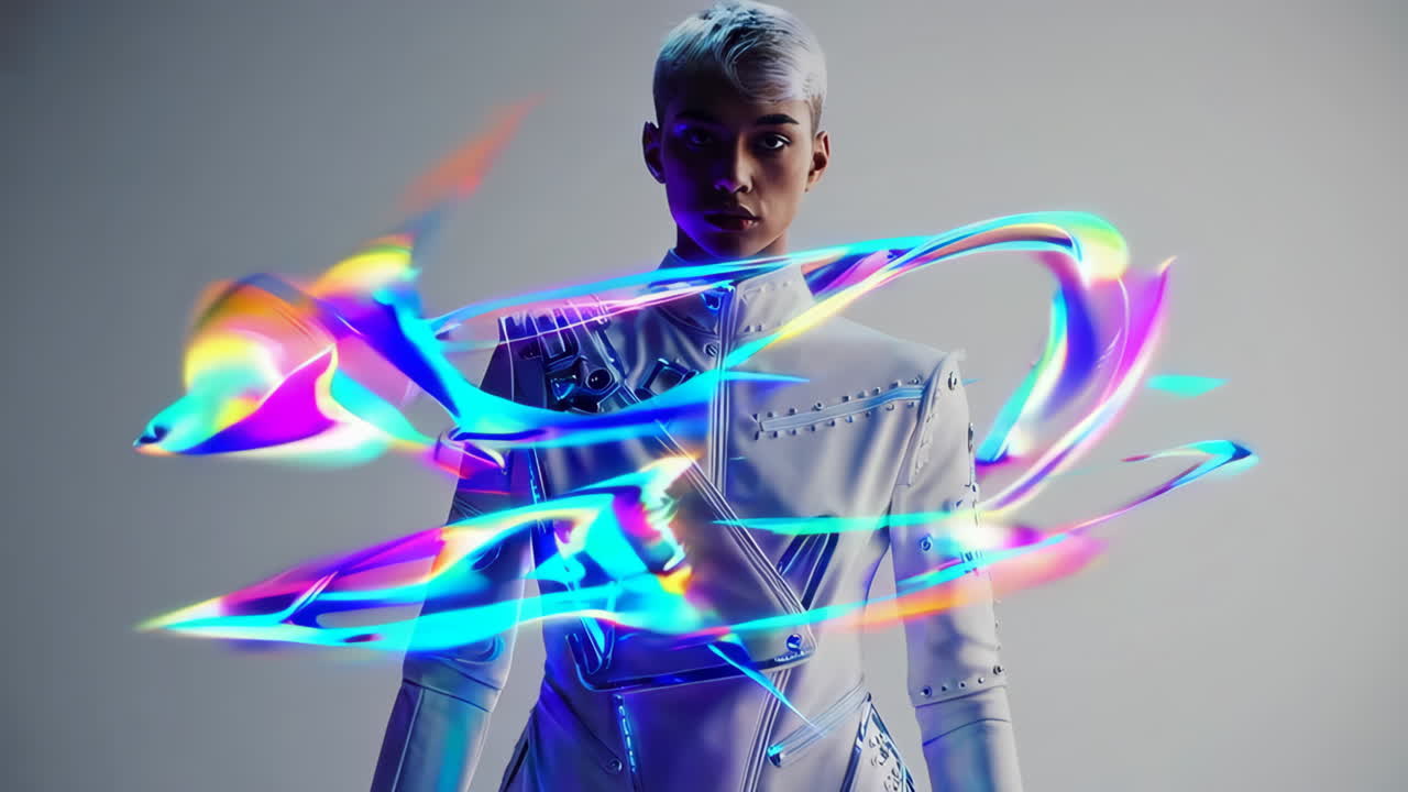 Futuristic Portrait with Vibrant Holographic Light Trails