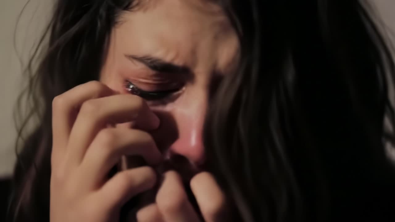 Emotional Turmoil: A Close-Up Depiction of Sorrow and Vulnerability in a Young Woman's Tearful Expression, Captured in Two Intensely Charged Frames
