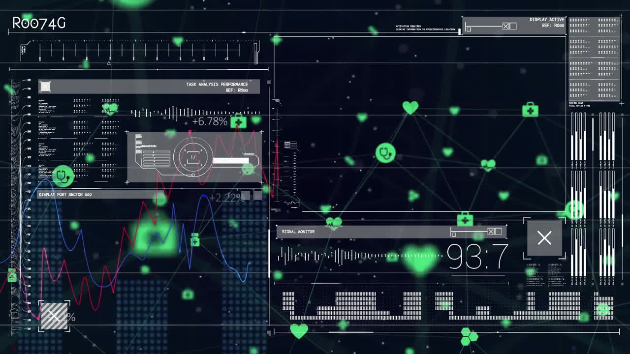 animación de iconos y procesamiento de datos en pantallas