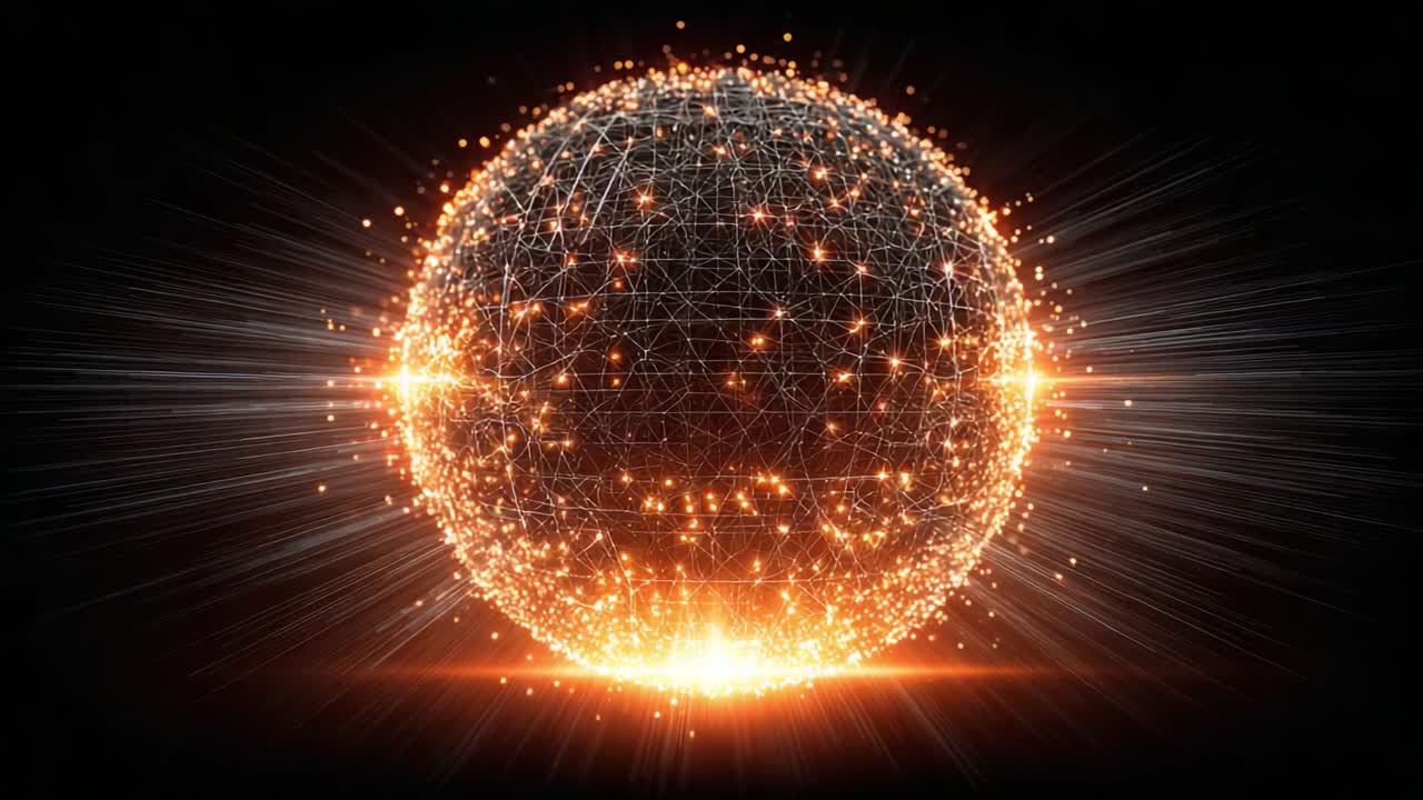 A mesmerizing visual representation of a glowing, interconnected sphere, embodying the essence of digital connections, energy, and technology set against a dramatic dark backdrop