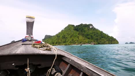 point of view ship moving and the adventure seascape background of the trip journey by tourist boat at krabi in thailand at clear summer day with blue sky