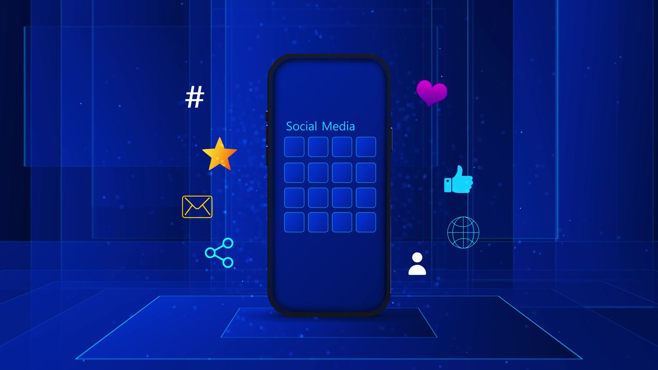 Scena moderna di interfaccia social mobile con smartphone luminoso, simboli di coinvolgimento fluttuanti ed elementi virtuali blu.