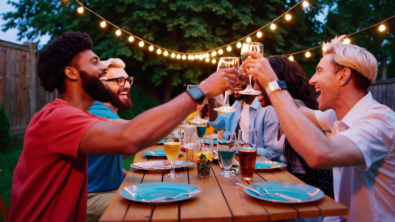 Friends Toasting and Celebrating at an Outdoor Dinner Party