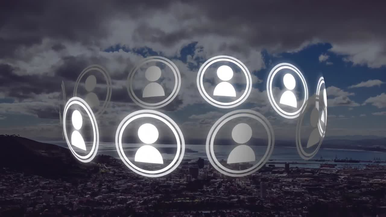 animación del logotipo de personas con la ciudad en el fondo