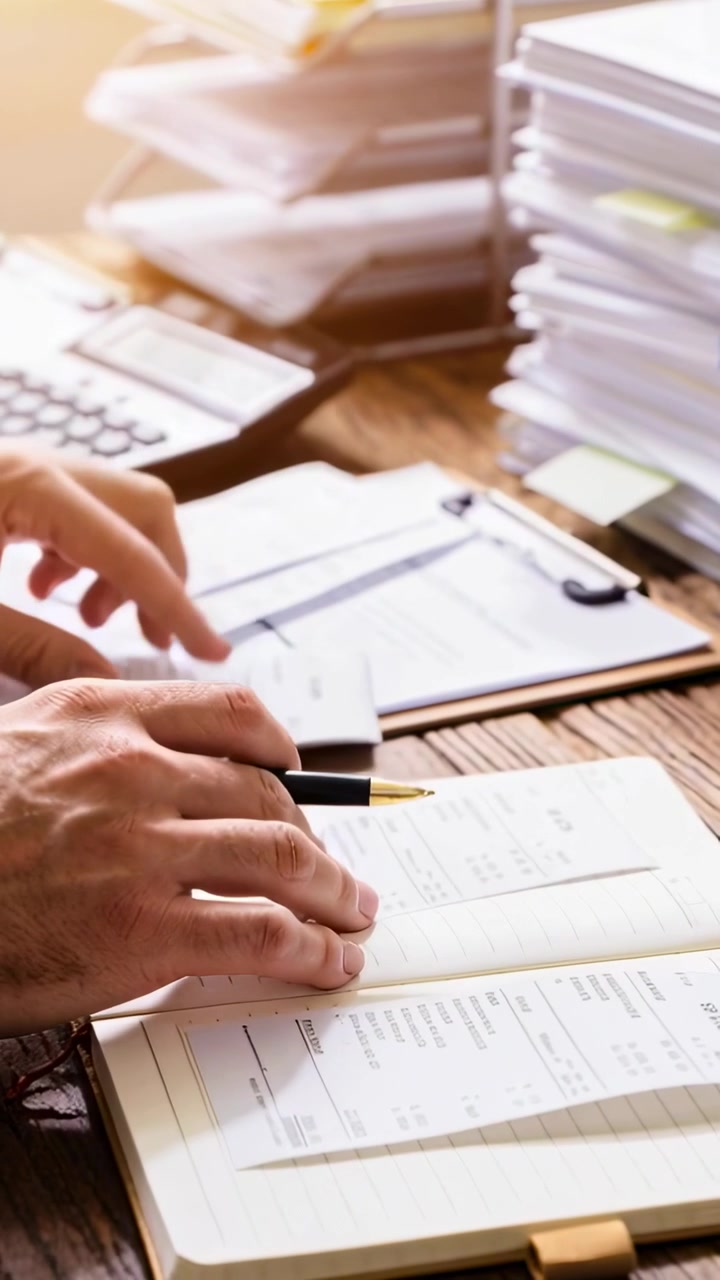Vertical video: Picking up receipt, hands checking amounts and writing ledger entries at desk