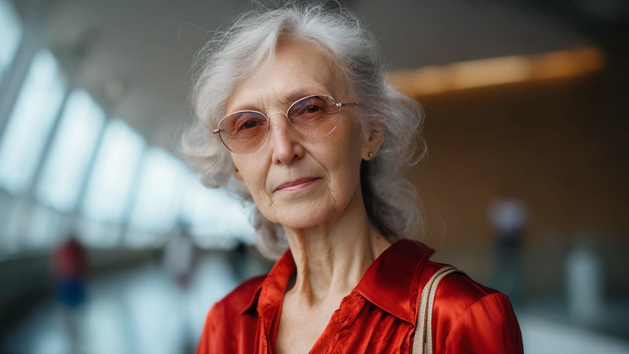 Una signora anziana elegante con una blusa rossa alla moda, fotografata in un ambiente architettonico che fonde modernità e raffinatezza, con luce naturale.