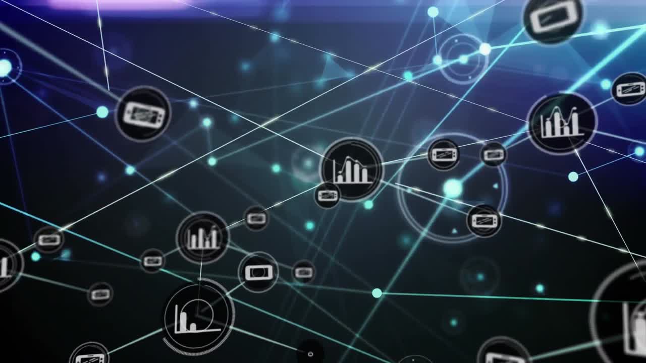 animación de la red de conexiones e íconos digitales contra puntos de luz sobre fondo azul.
