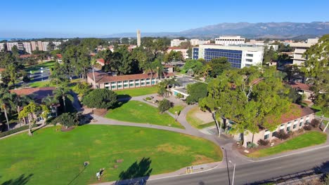 aerial of the university of california santa barbara ucsb college campus with storke tower distant and research buildings