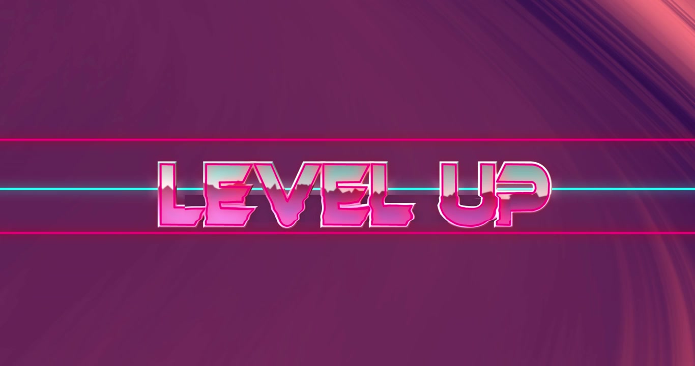 Animazione del testo "level up" su forme al neon su sfondo nero