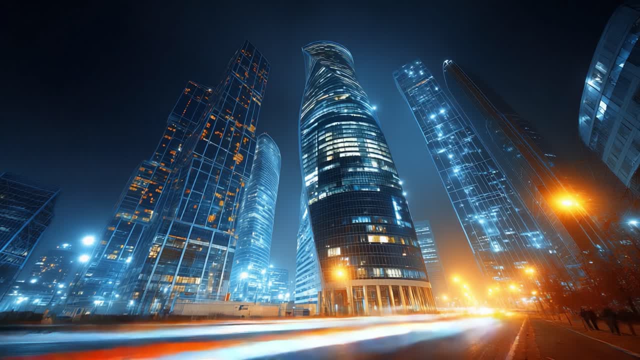 A Stunning Nightscape of Modern Skyscrapers Illuminated by Vibrant City ...