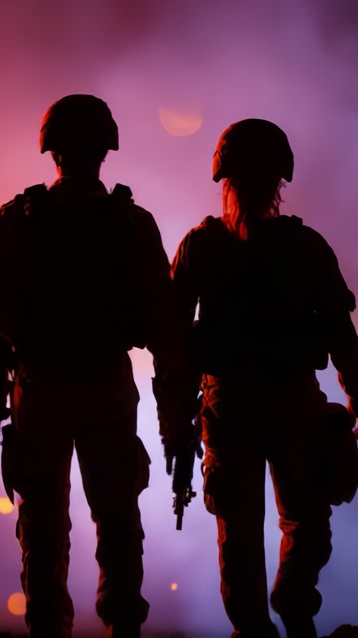 Two silhouetted soldiers stand together in a dramatic, colorful backdrop of fog and light, representing unity, bravery, and the essence of military teamwork