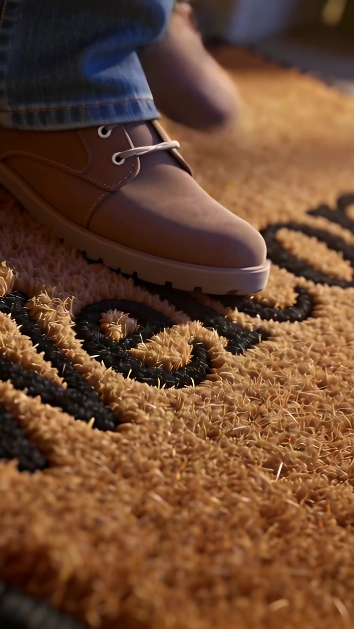 Vertical video: Approaching person in denim wiping boot on coir mat at entry, removing dirt