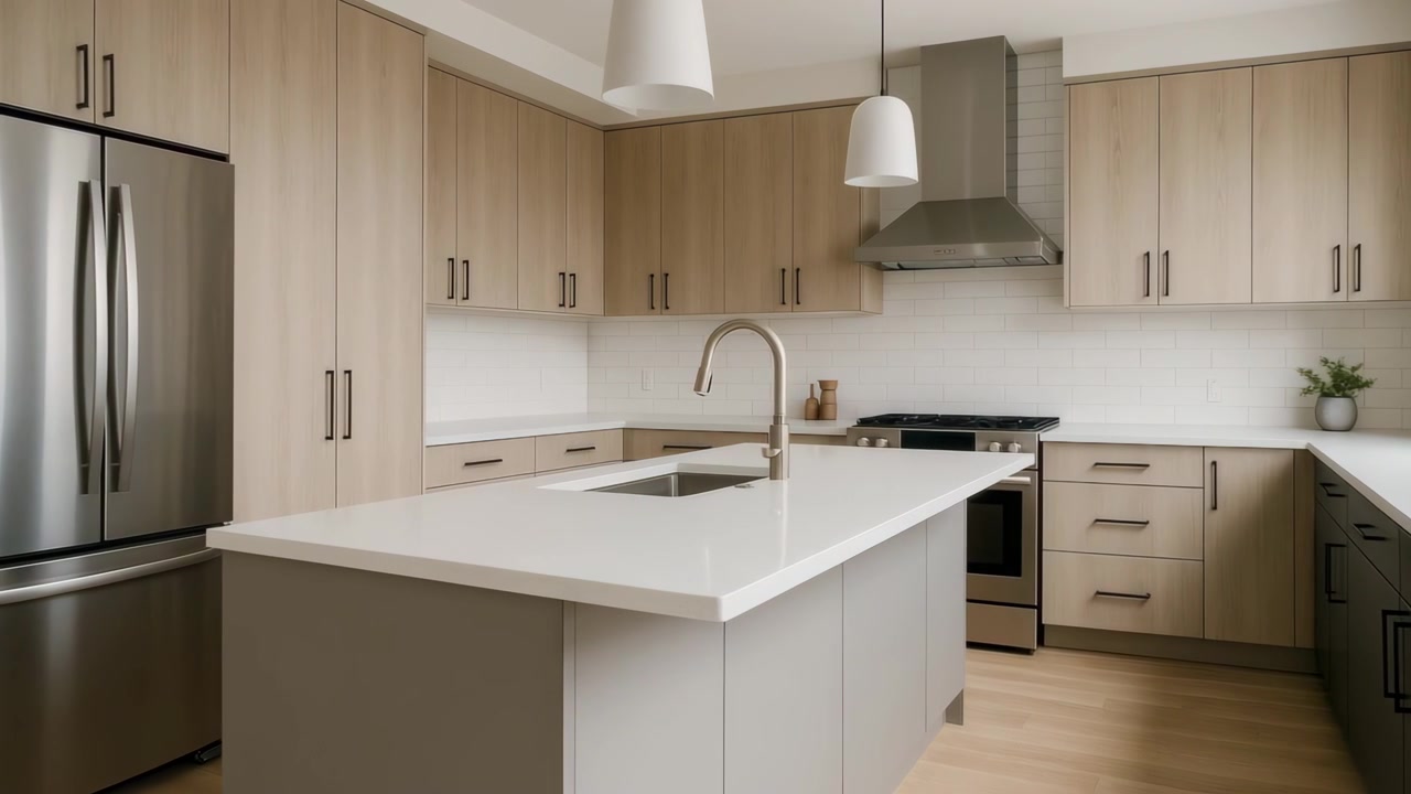 Modern Kitchen Interior with Wooden Cabinets and White Countertop