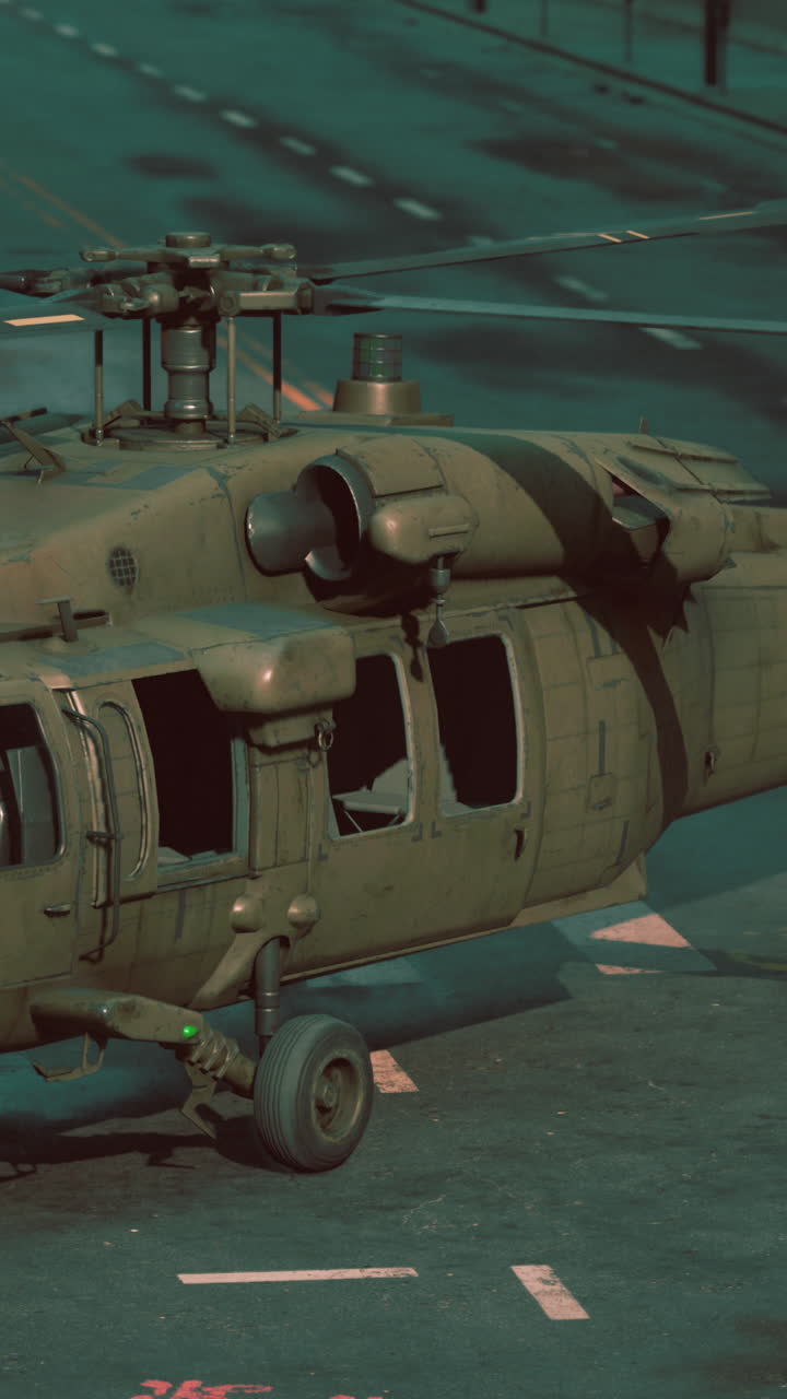 un helicóptero militar, posiblemente un halcón negro, en una plataforma de aterrizaje