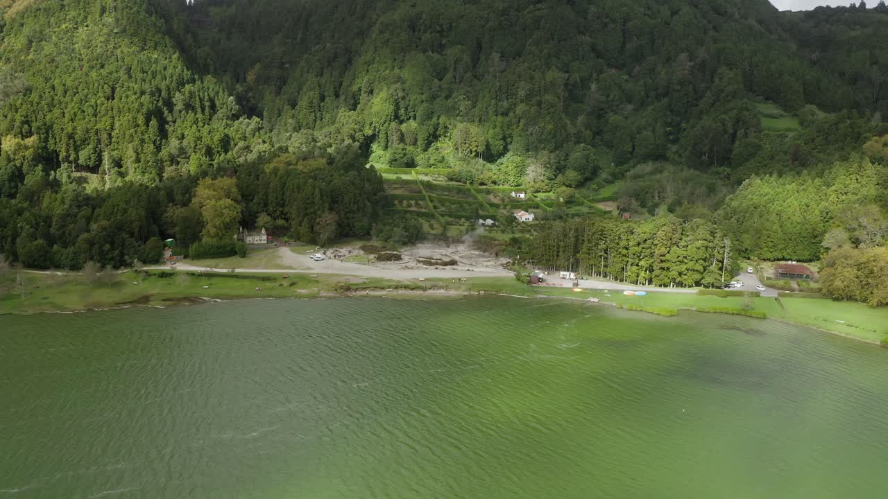 Aerial flyover: Lagoa do Fogo and fumaroles, S&atilde;o Miguel, Azores