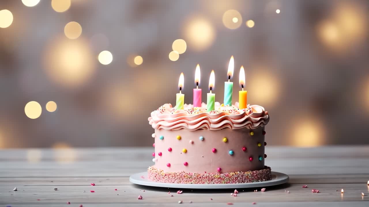 A pastel birthday cake with lit candles, captured at eye level. Soft bokeh lights in the background