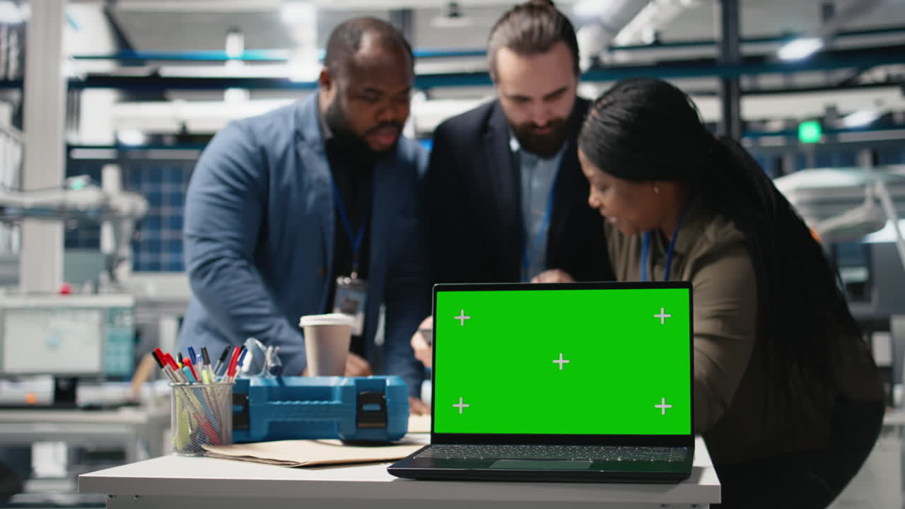 Engineers Collaborating with Laptop Green Screen