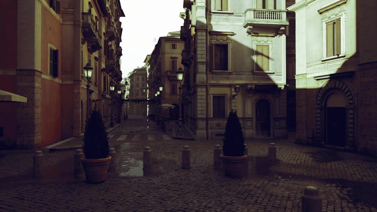 Rua tranquila e serena da cidade ao amanhecer, com luminárias vintage e superfícies refletoras.