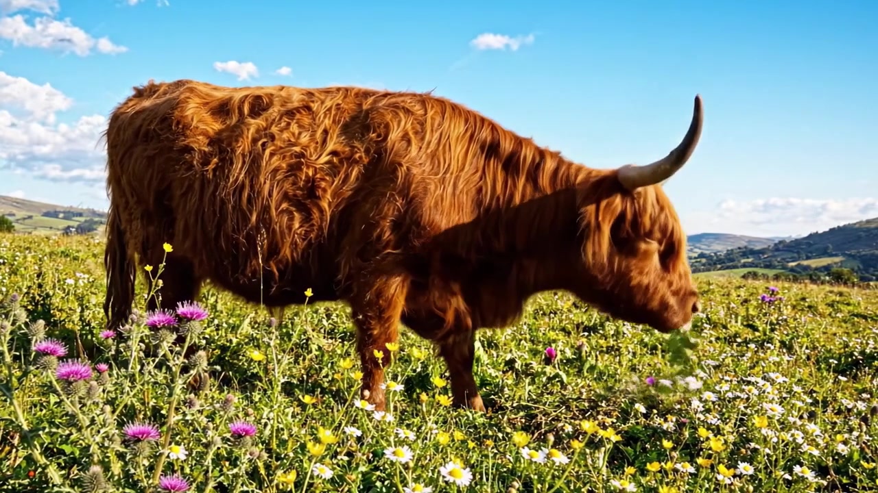 Una mucca delle Highland che pascola in un prato vibrante circondata da splendidi fiori selvatici sotto un cielo azzurro limpido, esemplificando un paesaggio rurale scenografico e la tranquillità.