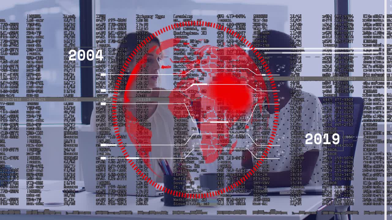 Vertical video: Left lead gesturing, initiating red globe HUD, right PM tapping, analyzing biz data