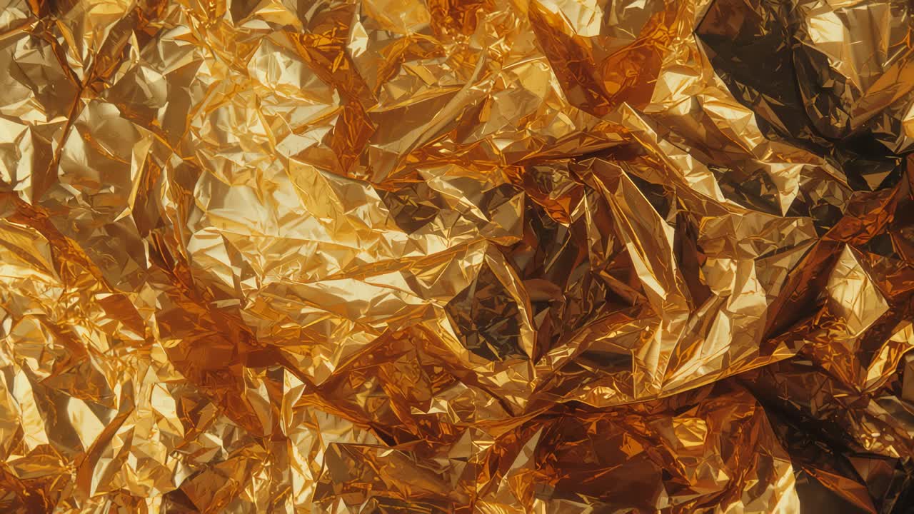 Schimmernde, zerknitterte, metallisch-goldene Folie im Studio, die wechselndes Licht reflektiert und Falten offenbart