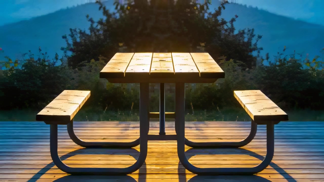 Bathing low sun casting long shadows over wooden picnic table and benches on deck, revealing bolts