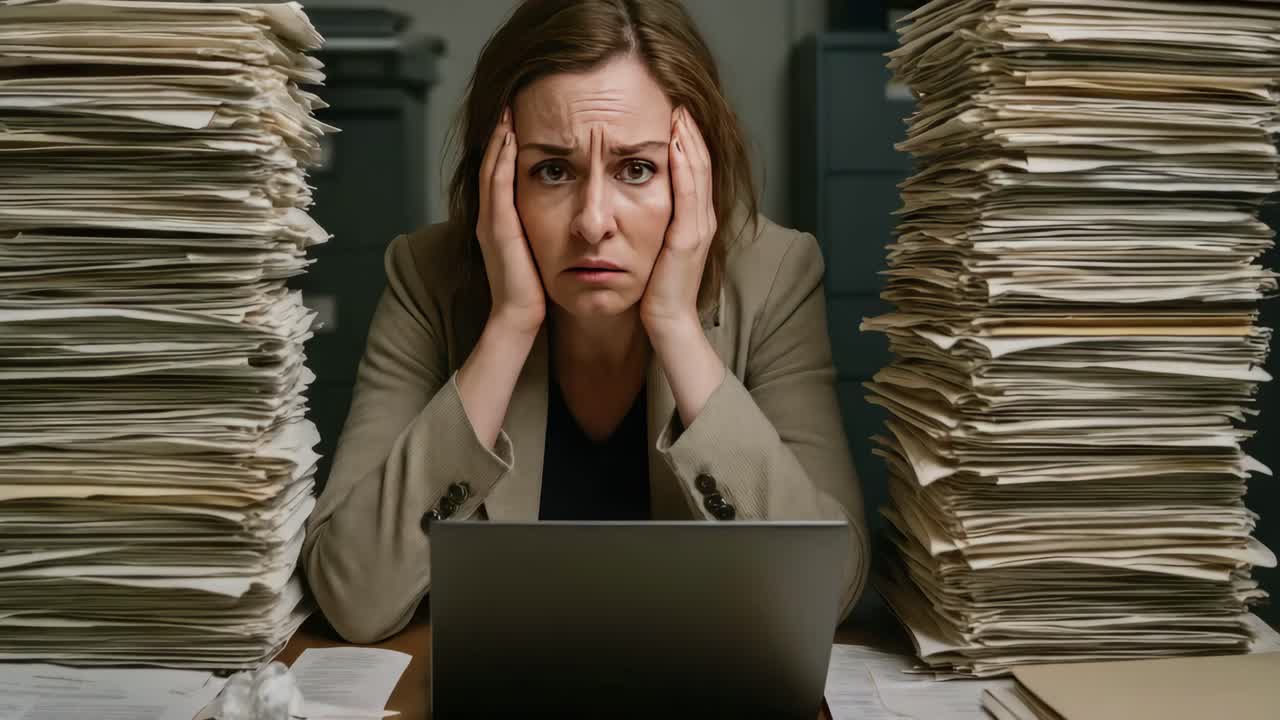 Frustrated woman at desk with piles of paperwork, shot from eye-level