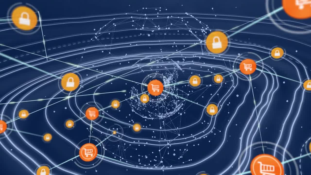 전 세계 온라인 쇼핑 아이콘과의 연결 네트워크의 애니메이션