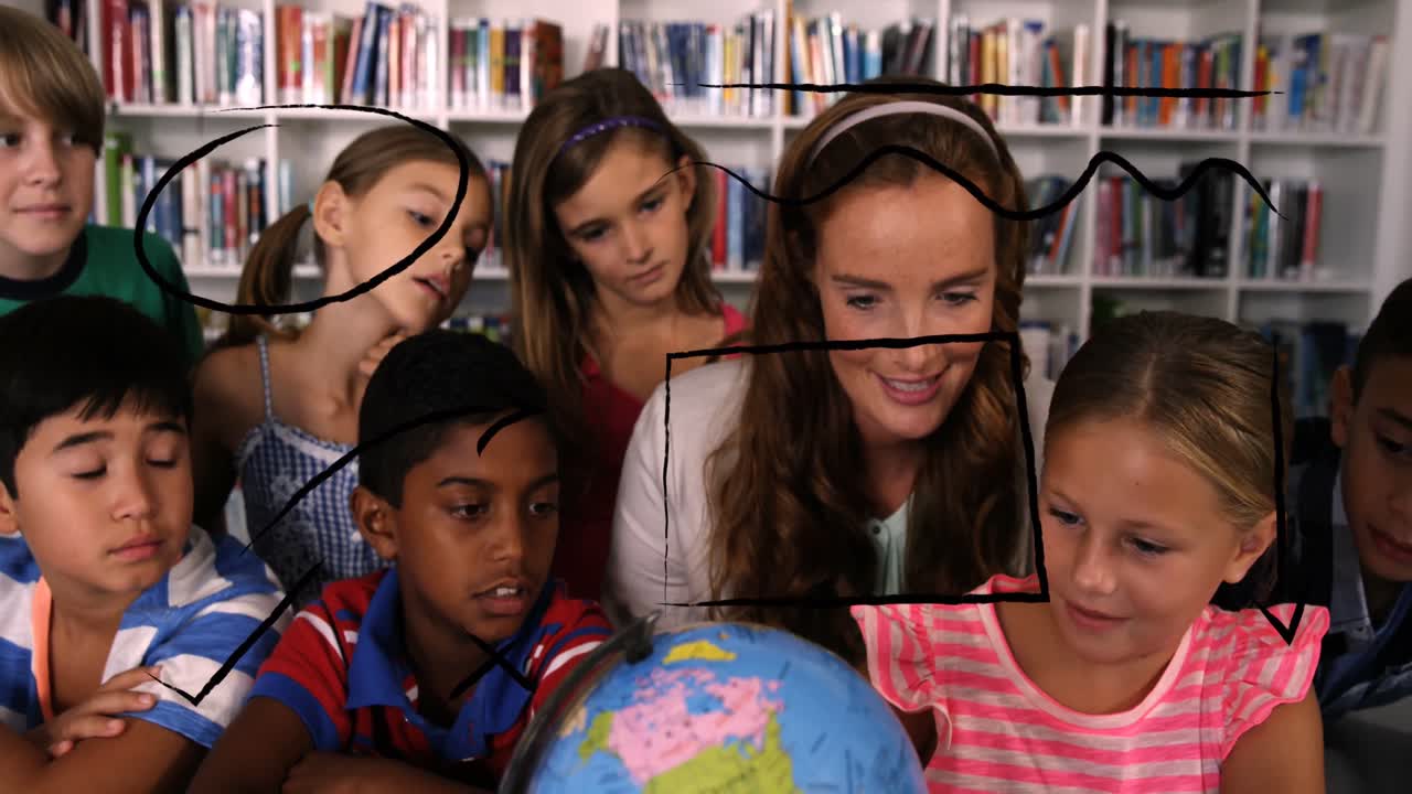 animación de pancartas con espacio de copia sobre maestra caucásica y estudiantes estudiando con el globo.