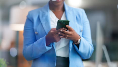 woman hands, business and cellphone typing