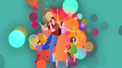 Animation-of-happy-family-dancing-with-balloons-on-blue-background