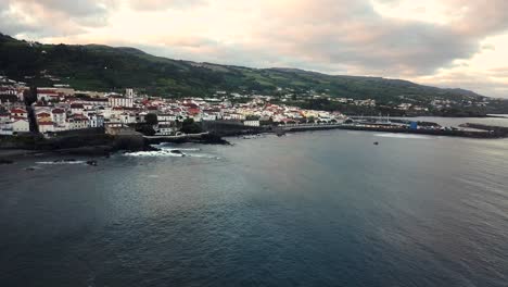 aerial footage of vila franca do campo town at sunset in sao miguel, azores islands