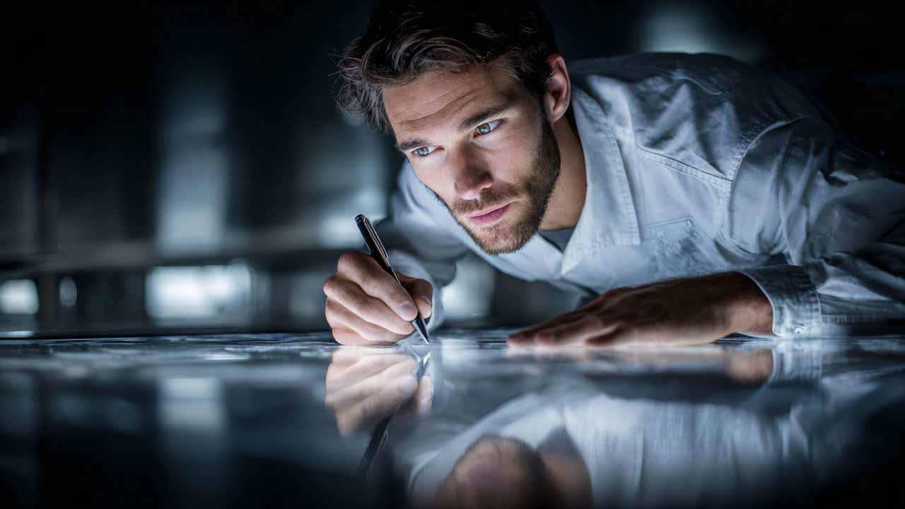 Concentration and Precision: An Engaged Individual Carefully Sketching or Designing on a Reflective Surface in a Dimly Lit Environment