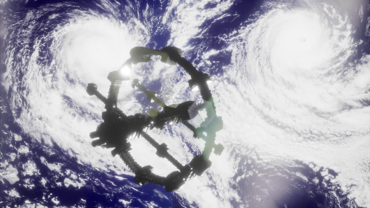 Space station orbits earth amid powerful hurricanes in scene