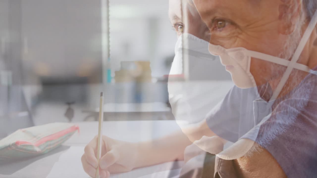 얼굴 마스크를 쓴 고위 백인 남성 위에 글을 쓰는 아시아 소년의 애니메이션