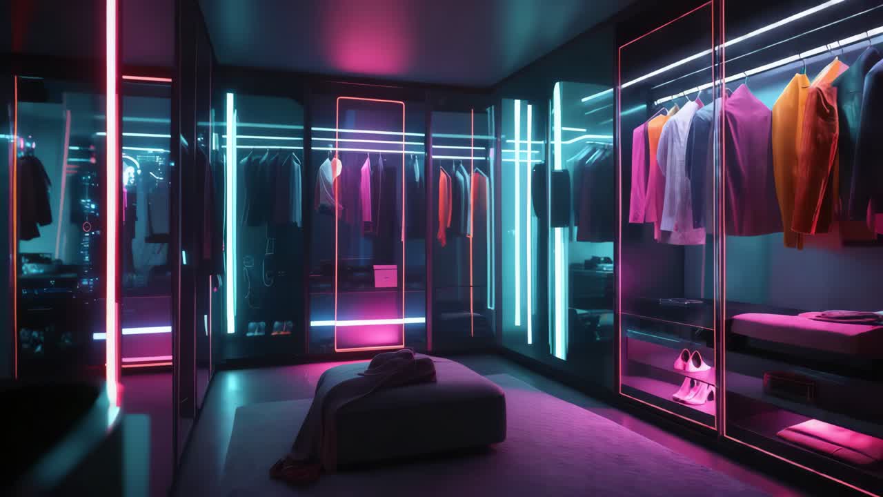 네온 조명 을 가진 미래적 인 현대적 인 옷장