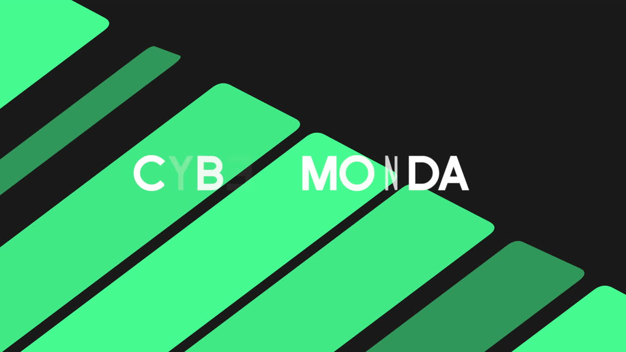 Animationsintro Cyber Monday på sort mode- og minimalismebaggrund med geometriske grønne striber